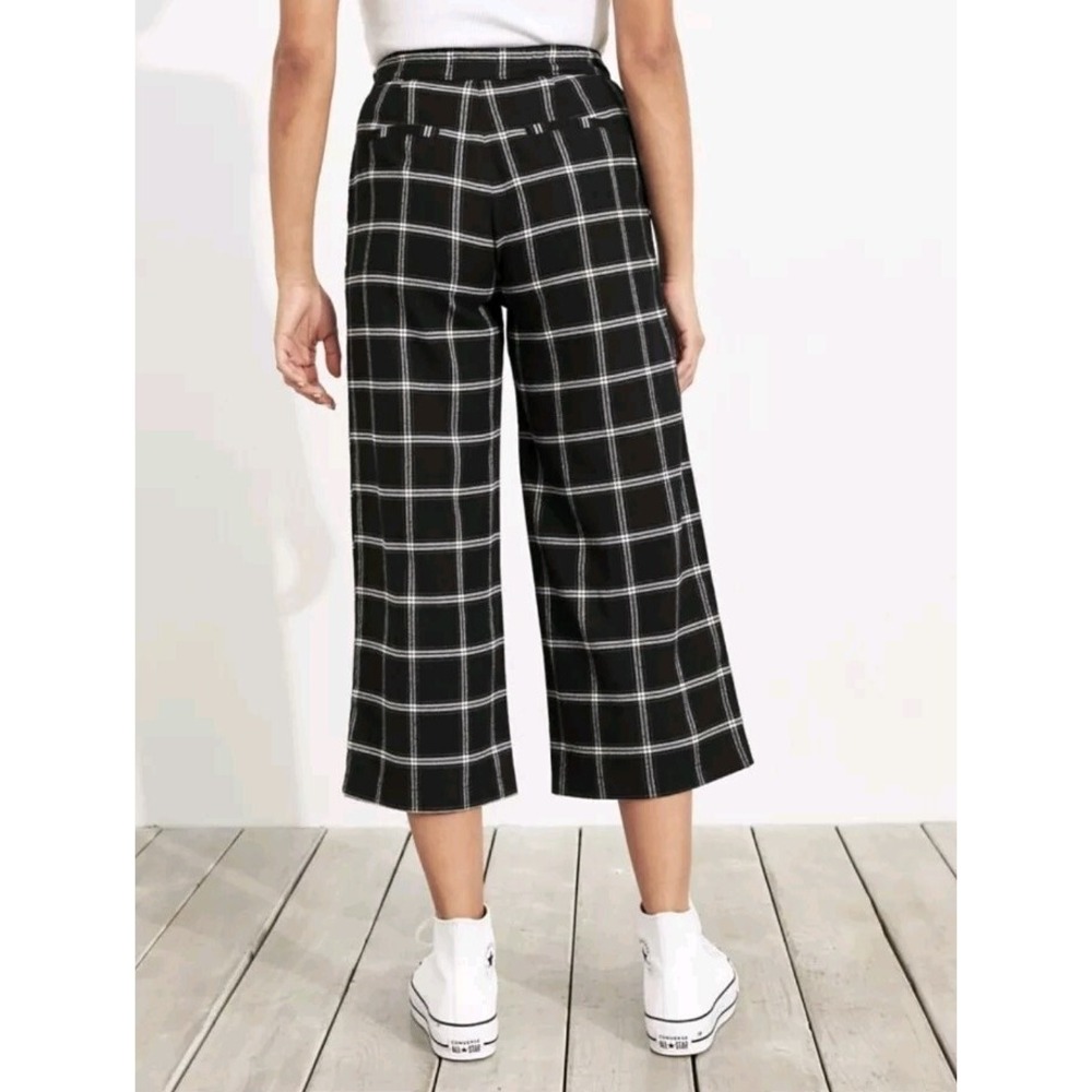 HOLLISTER XS Plaid Wide Leg Cropped Pants Black White Cropped Stretchy Waist 367